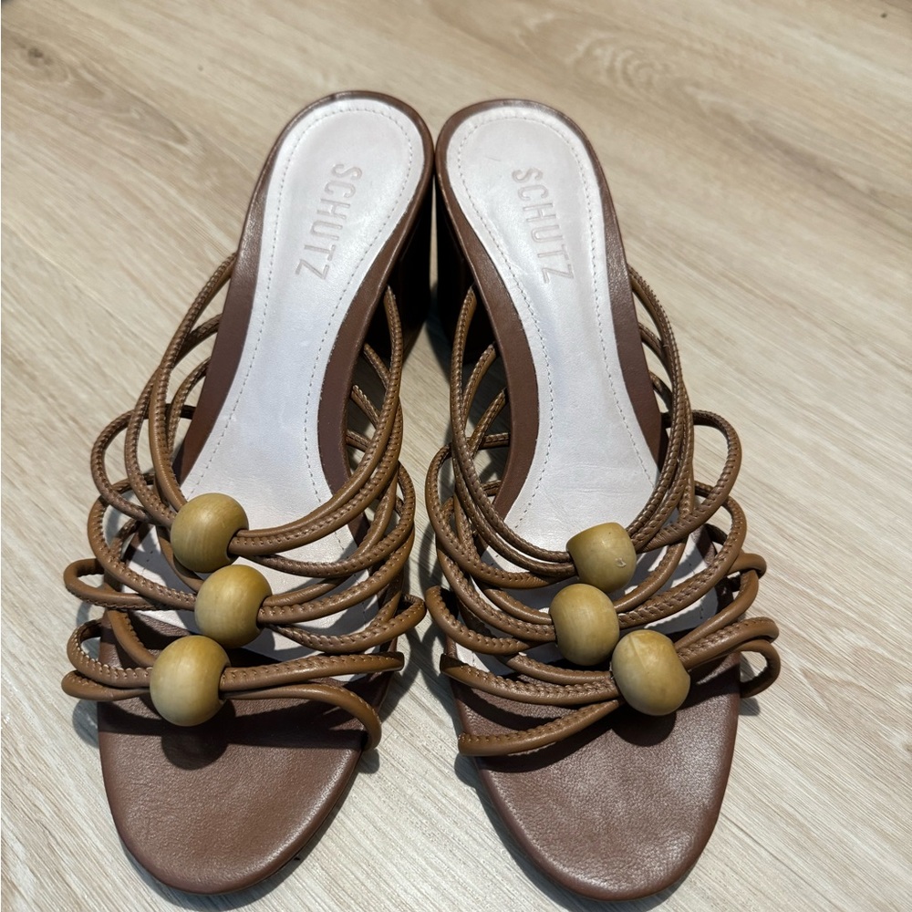 Schutz Roanna Sandal Women's  Brown Leather Strappy Beaded Block Heel Slip On